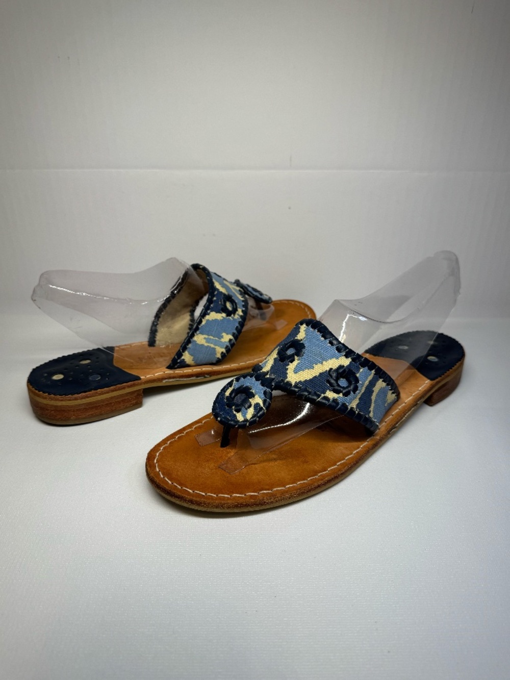 Jack Rogers Quadrille Blue Ikat Leather Thong Sandals Size 8M Boho Resort